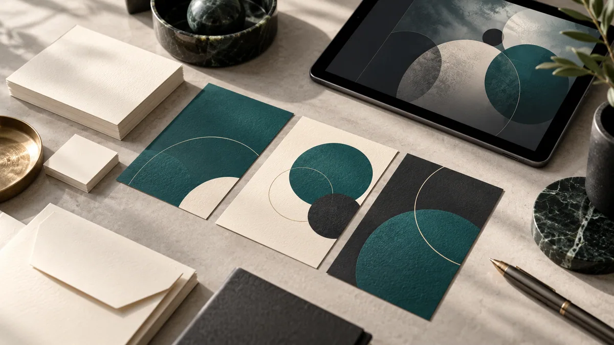 Blue and teal branded stationery and content cards on an elegant desk