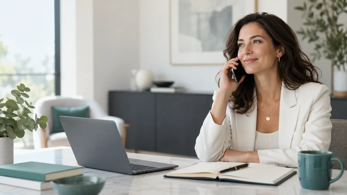 A professional speaking with a client in a bright workspace