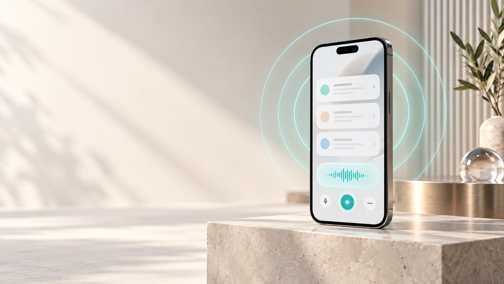 A phone with a calm sales agenda and voice assistant, surrounded by teal circles; illustrative concept